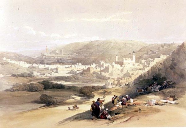 Hebron, 1839. március 18., „A Szentföld” II. kötetének 55. táblája, Louis Haghe (1806-85) kocsma metszetében. 1843 (litó) alkotó: David (after) Roberts