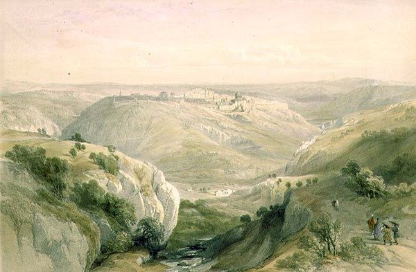 Jeruzsálem délről, 1839. április 12., a „The Holy Land” I. kötet 10. táblája, Louis Haghe (1806-85) kocsma metszete. 1842 (litó) alkotó: David (after) Roberts