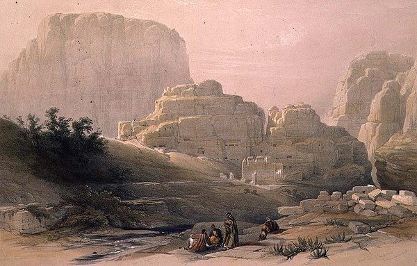 A Völgy alsó vége az Akropoliszt ábrázolva, Petra, 1839. március 9., a „Szentföld” III. kötetének 102. táblája, Louis Haghe (1806-85) kocsma metszetével. 1849 (litó) alkotó: David (after) Roberts