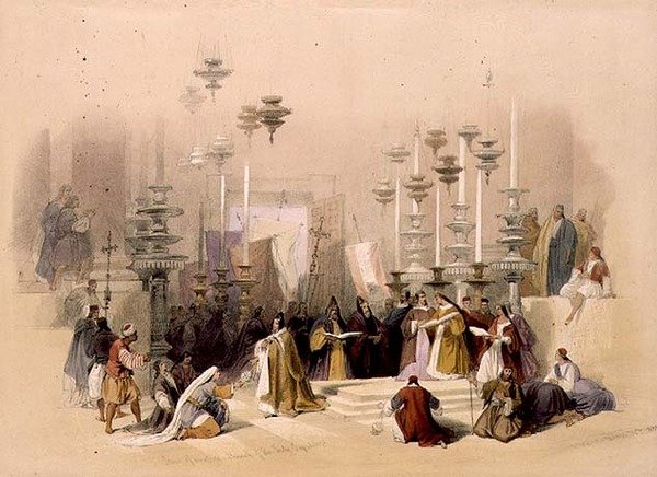 The Stone of Unction, Szent Sír templom, 1839. március 30., 19. tábla a „The Holy Land” I. kötetből, vésette Louis Haghe (1806-85) pub. 1842 (litó) alkotó: David (after) Roberts