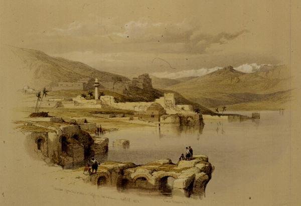 Tiberias a falakról, Saffet in the Distance, 1839. április 22., 37. tábla a „The Holy Land” I. kötetéből, Louis Haghe (1806-85) kocsma metszetében. 1842 (litó) alkotó: David (after) Roberts