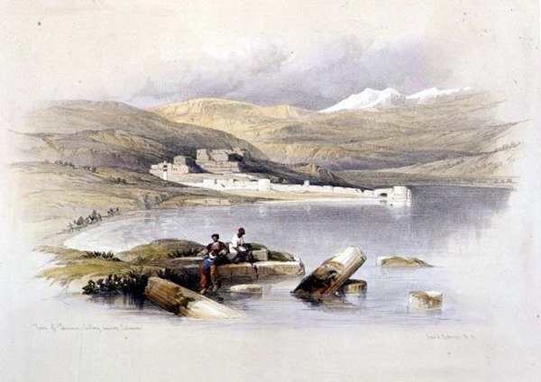Tiberias városa Libanon felé néz, 35. tábla a „Szentföld” I. kötetéből, Louis Haghe (1806-85) kocsma metszetével. 1842 (litó) alkotó: David (after) Roberts