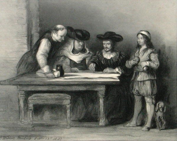 Kolumbusz Kristóf (1451-1506) a la rabidai kolostorban a „Arcképtárból”, 1833-ban (metszet) alkotó: David (after) Wilkie