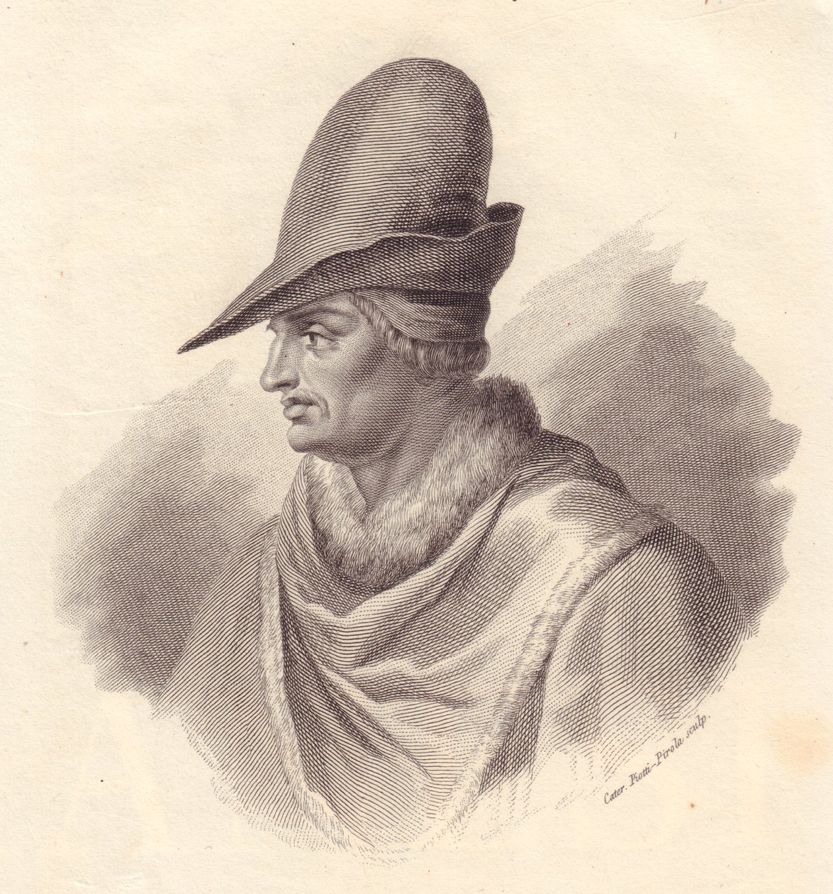 Uguccione della Faggiola (1250-1319) olasz katonai vezető portréja, Caterina Piotti-Pirola rézmetsze alkotó: John Ward Dunsmore