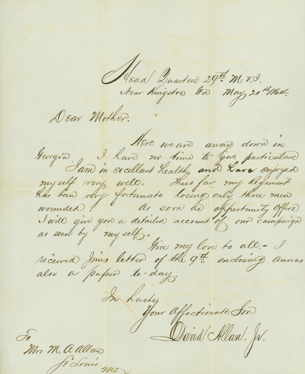David Allan, Jr., Kingston közelében, 29. M.V.I. főhadiszállásán írt levél anyjának, Mrs. M.A. Allannek, St. Louis, Mo., 1864. május 20. alkotó: David Allan