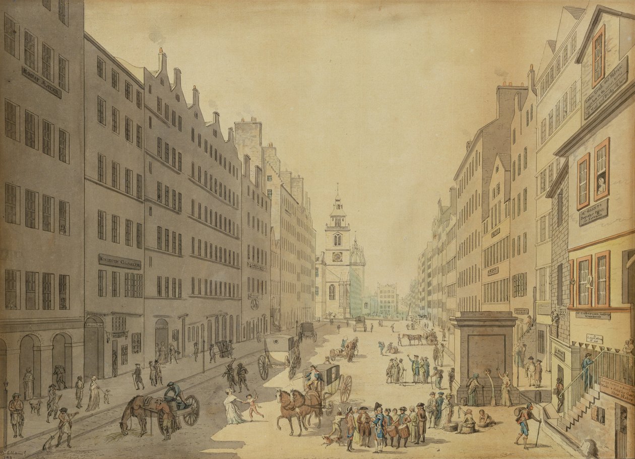 Kilátás az edinburghi High Streetre keletről, 1793 alkotó: David Allan