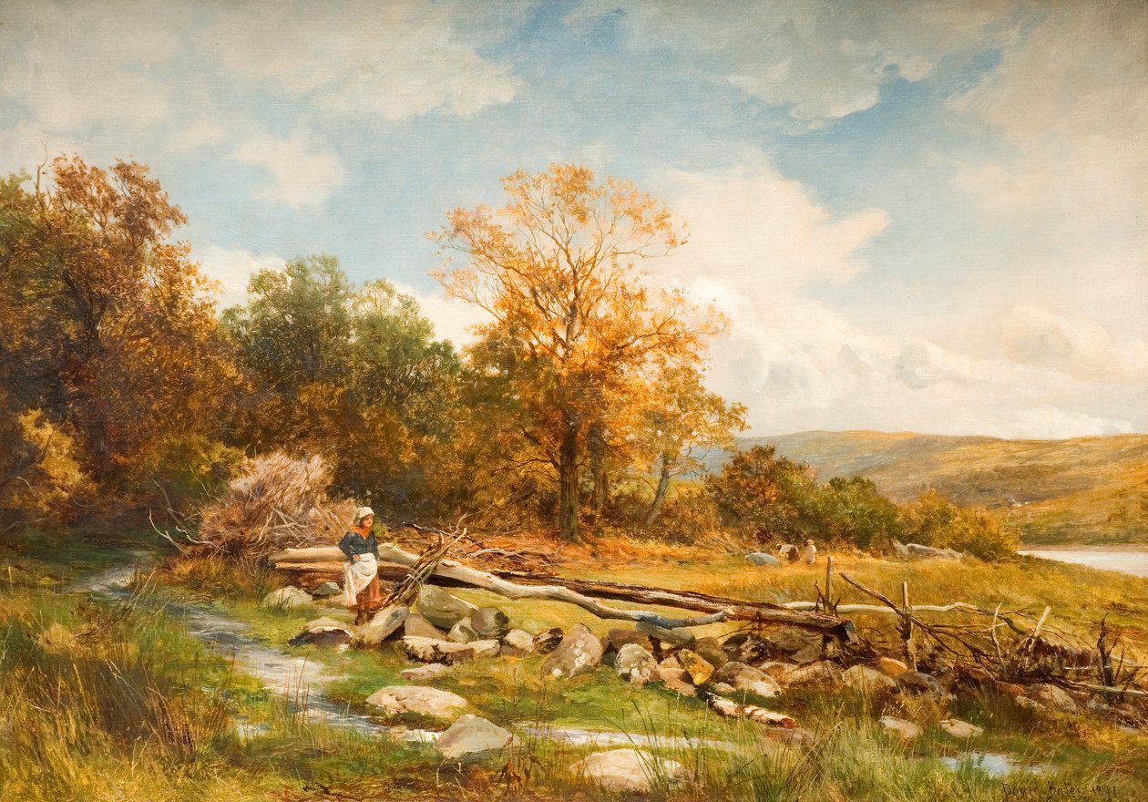 Árapály kerítés a Conwy folyón Bachlediogban, 1891 99 folyó; Conwy; Conway; Árapály kerítés; akadály; bachlediog; Afon Conwy; Conway; tájkép; Wales; Walesi; ősz; őszies; alkotó: David Bates