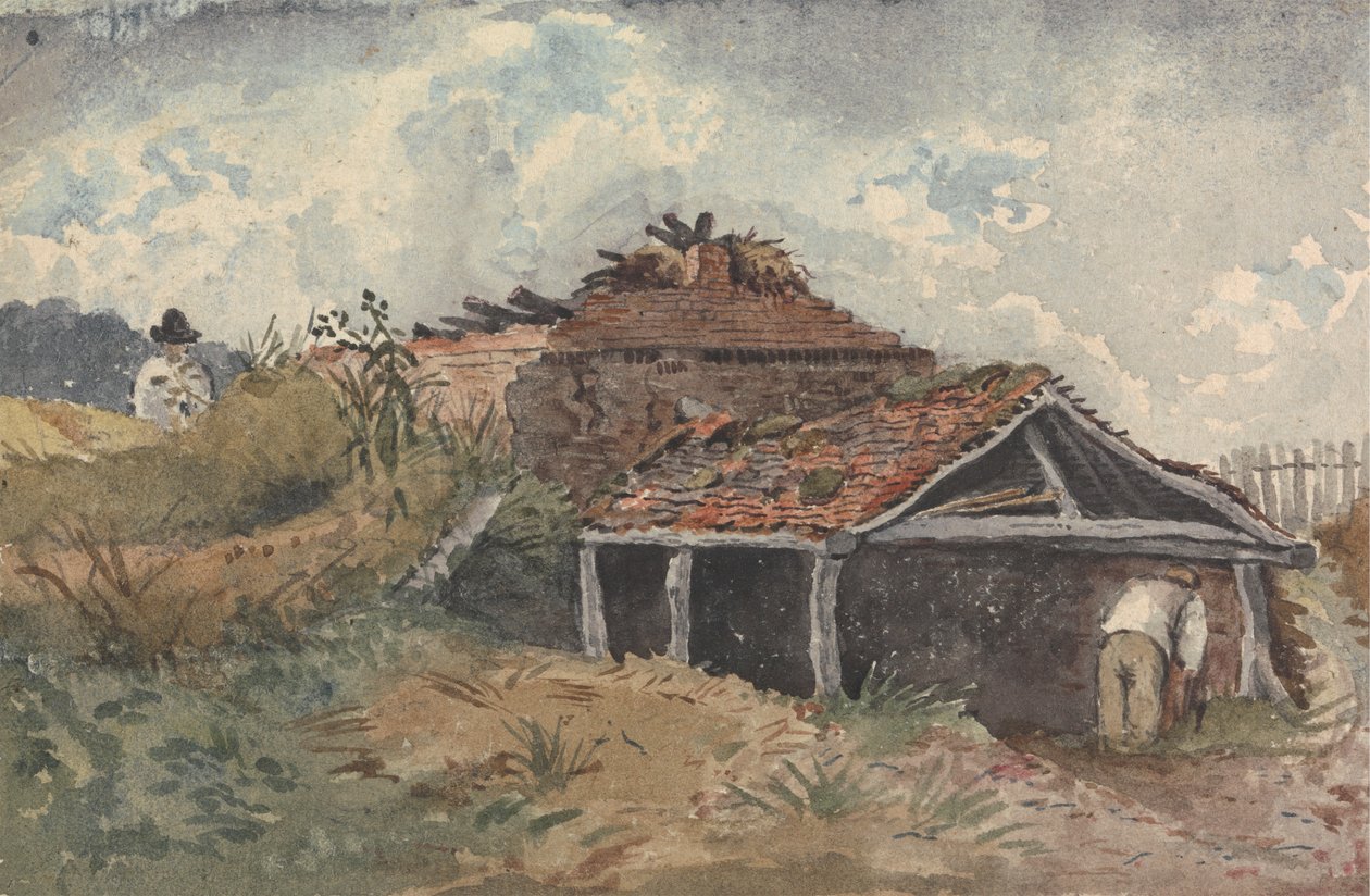 Táj két figurával egy régi épület mellett alkotó: David Charles Read