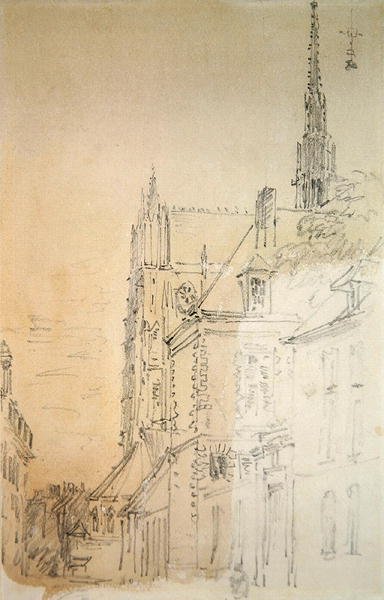 Katedrális az utcában (kréta és mosás papíron) alkotó: David Cox
