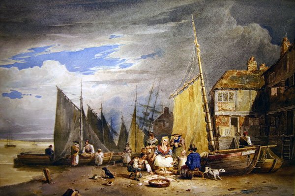 Egy halasszony az áruival a Temzénél (akvarell papíron) alkotó: David Cox