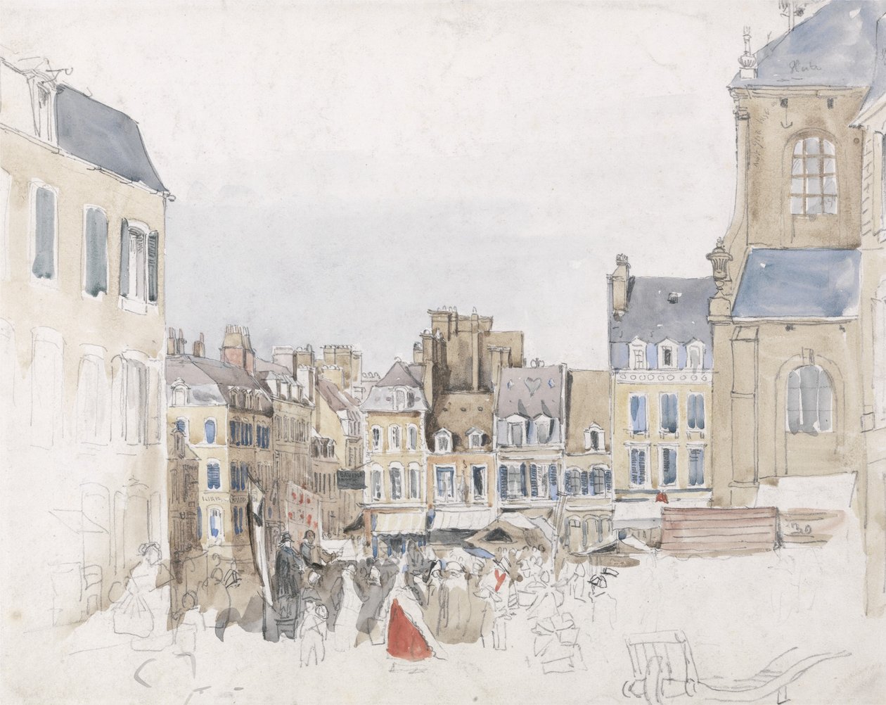 Egy francia piactér, 1829 körül (papíron grafittal) alkotó: David Cox