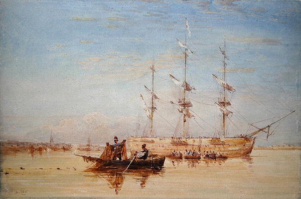 Egy hadihajós a Temzén (akvarell, papír) alkotó: David Cox