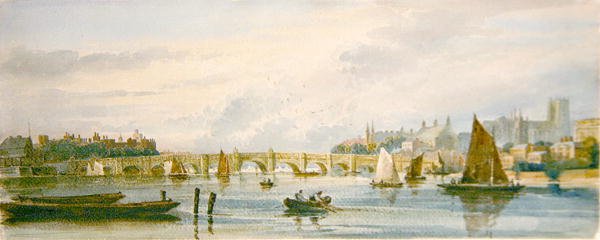 Kilátás a Westminster hídról nyugat felé a Lambeth palota és a Westminster Abbey felé (ceruza és akvarell papíron) alkotó: David Cox