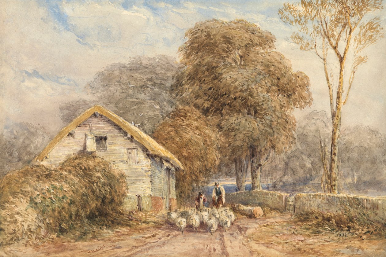 Egy lovas utazó, egy pásztor és juhai, egy pajtánál, egy országúton. alkotó: David Cox