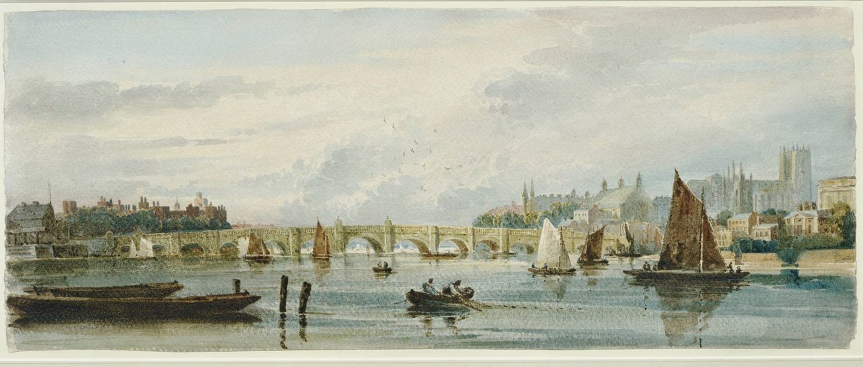 Kilátás a Westminster hídról nyugat felé, a Lambeth-palota és a Westminster-apátság irányába alkotó: David Cox