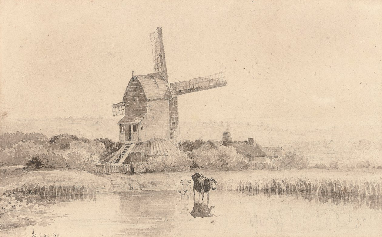 Szarvasmarhák itatása egy szélmalomnál a Dulwich Commonon, 1811 alkotó: David Cox