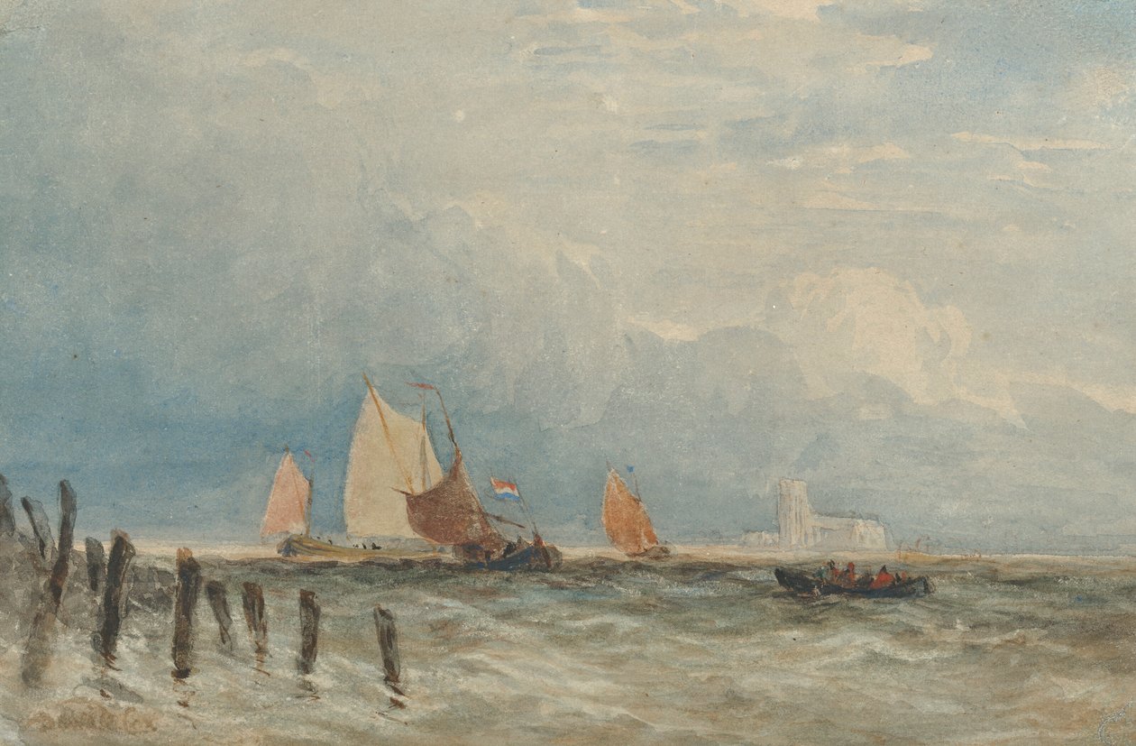 Holland halászcsapások a partoknál, a távolban a dordrechti Grote Kerkkel alkotó: David Cox