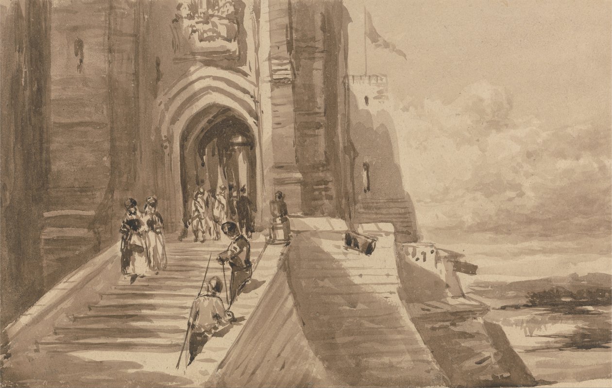 Figurák egy kastély külső lépcsőjén alkotó: David Cox