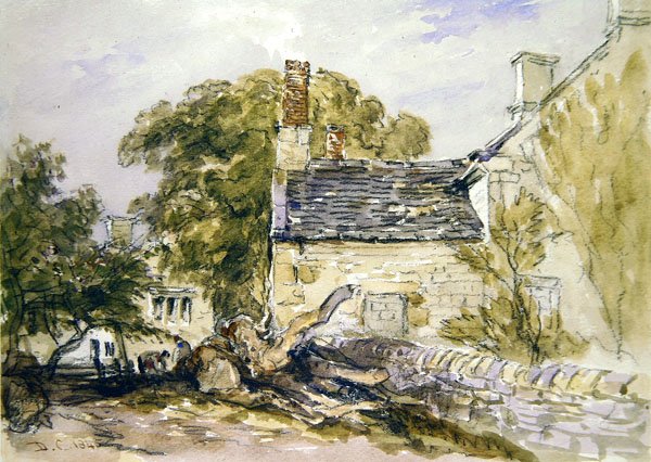 Figurák egy régi kőház előtt (fekete kréta és akvarell, papír) alkotó: David Cox