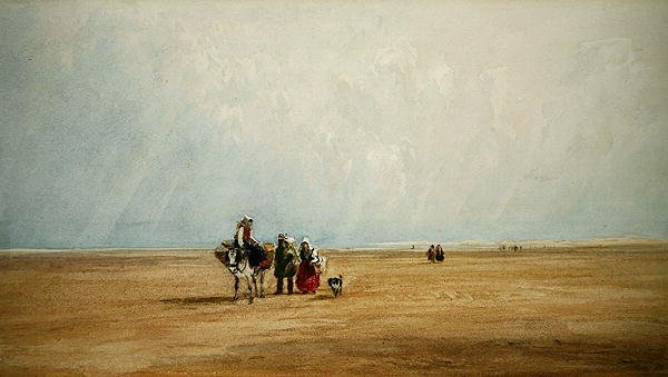 Figurák szamárral a francia tengerparton (akvarell papíron) alkotó: David Cox