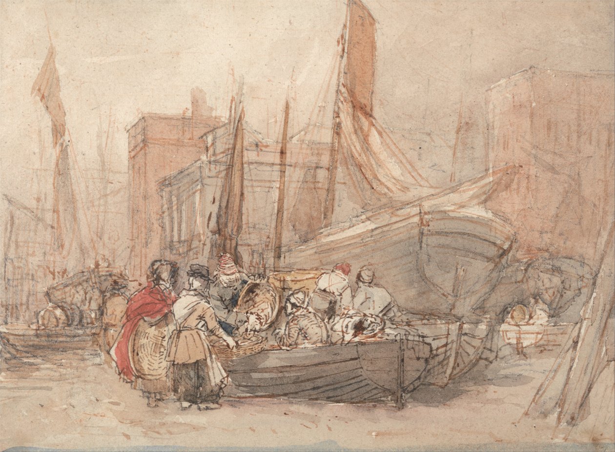 Kikötői jelenet, kirakodó halászhajókkal alkotó: David Cox
