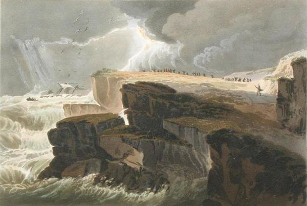 Tábla a 10. könyvből Storm, View on the Coast of Hastings, A Treatise on Landscape Painting (Tájképfestészeti értekezés), metszette Richard Reeve (szül. 1780), 1813-14 (kézzel színezett aquatinta). alkotó: David Cox