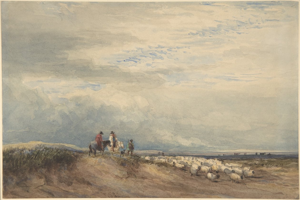 Lovasok juhokkal egy folyótorkolat közelében alkotó: David Cox