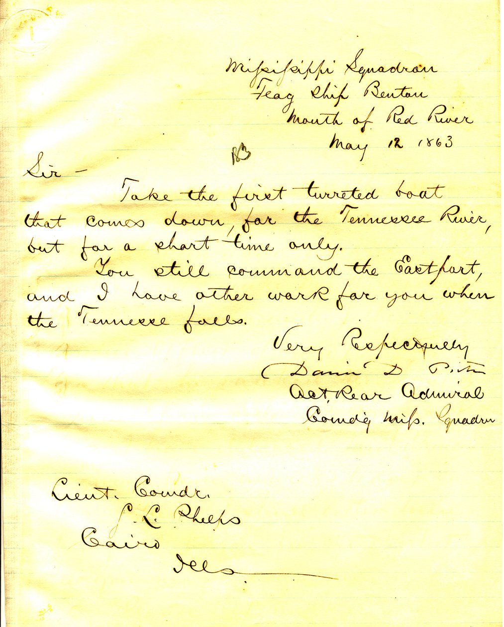 David D. Porter, U. S. S. Benton, a Red River torkolatának levele Seth Ledyard Phelpshez, Kairó, Illinois, 1863. május 12. alkotó: David D. Porter