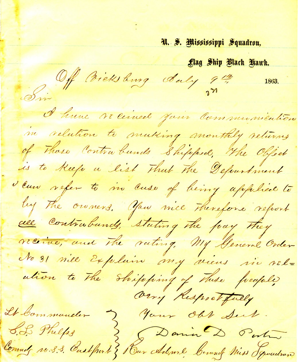 David D. Porter, USA Black Hawk levele Vicksburg mellett, Seth Ledyard Phelpsnek, az Egyesült Államok Eastport parancsnokának, 1863. július 9. alkotó: David D. Porter