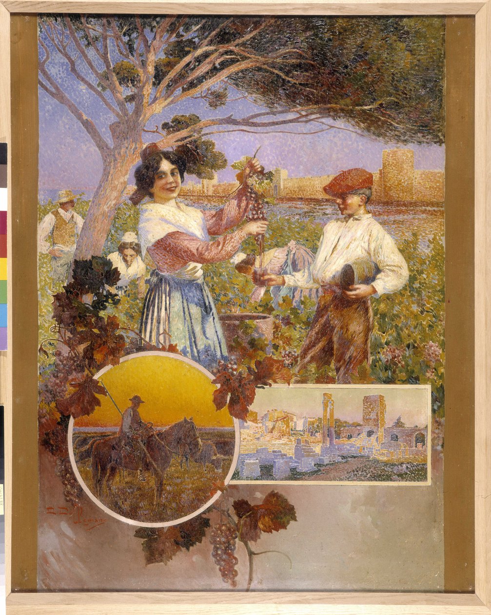 Aigues Mortes (Aigues-Mortes), Arles, a Camargue: egy fiatal nő mutat egy gyönyörű szőlőfürtöt, amelyet most szedett egy szőlőből. David Dellepiane (1866-1932), pointillizmus. Kötelező említés: Collection fondation regards de Provence, Marseille (cm 1 alkotó: David Dellepiane