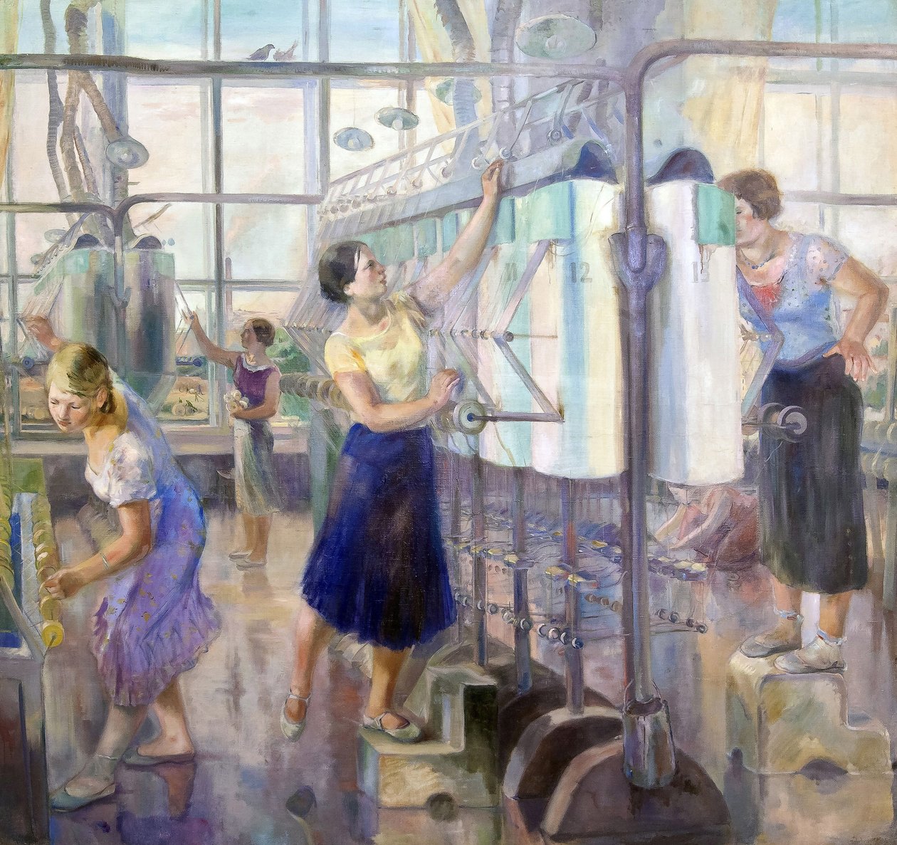 Le plan quinquennal - Női műhely a Sevkabel Factory-ban par Zagoskin, David Efimovich (1890-1942). Olaj, vászon, mérete: 200x215 alkotó: David Efimovich Zagoskin