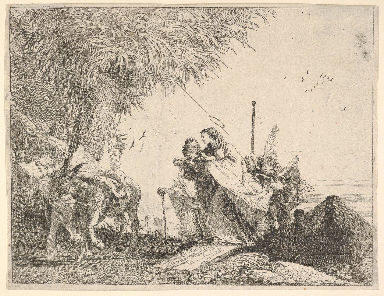 Mária, akit József és egy angyal segített, kilép a csónakból a partra, egy angyal megáll..., 1753. alkotó: David Giovanni