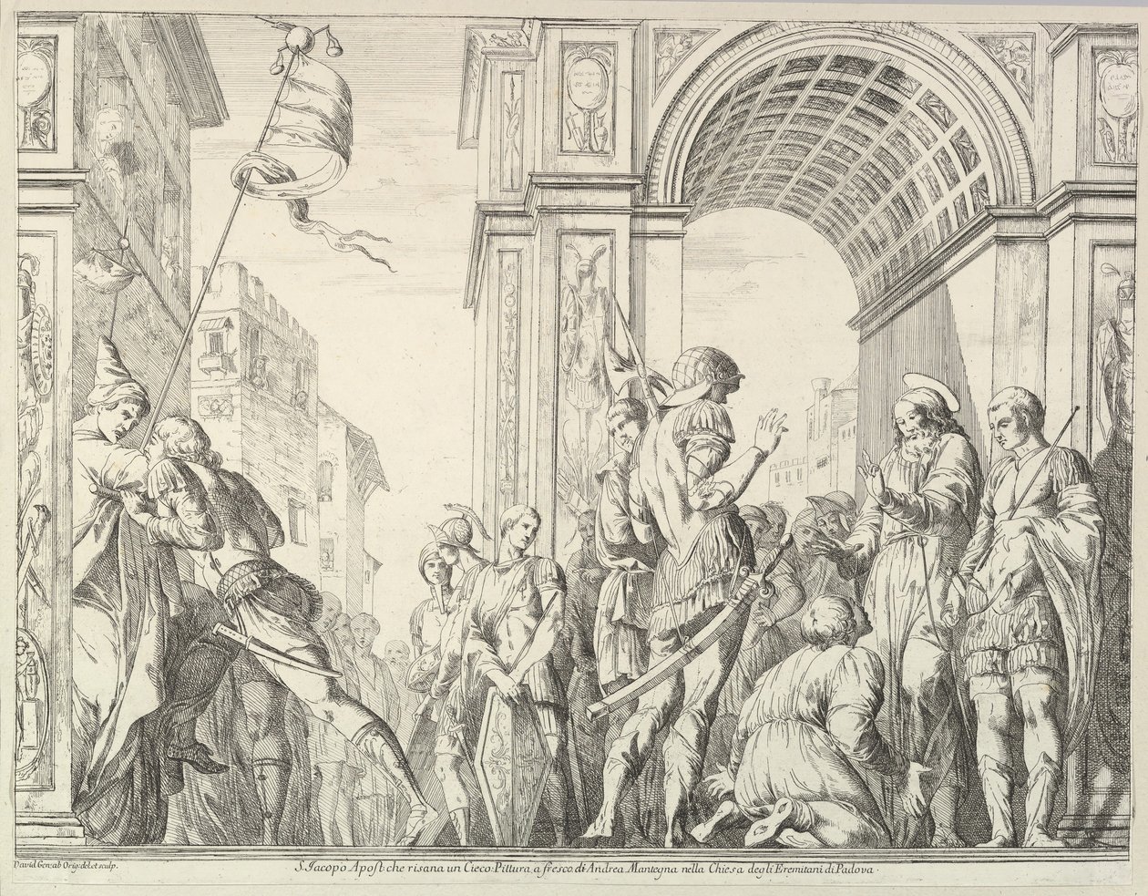 Szent Jakab meggyógyít egy vak embert, A Szent Jakab és Kristóf története az Eremben..., 1776-ból. alkotó: David Giovanni