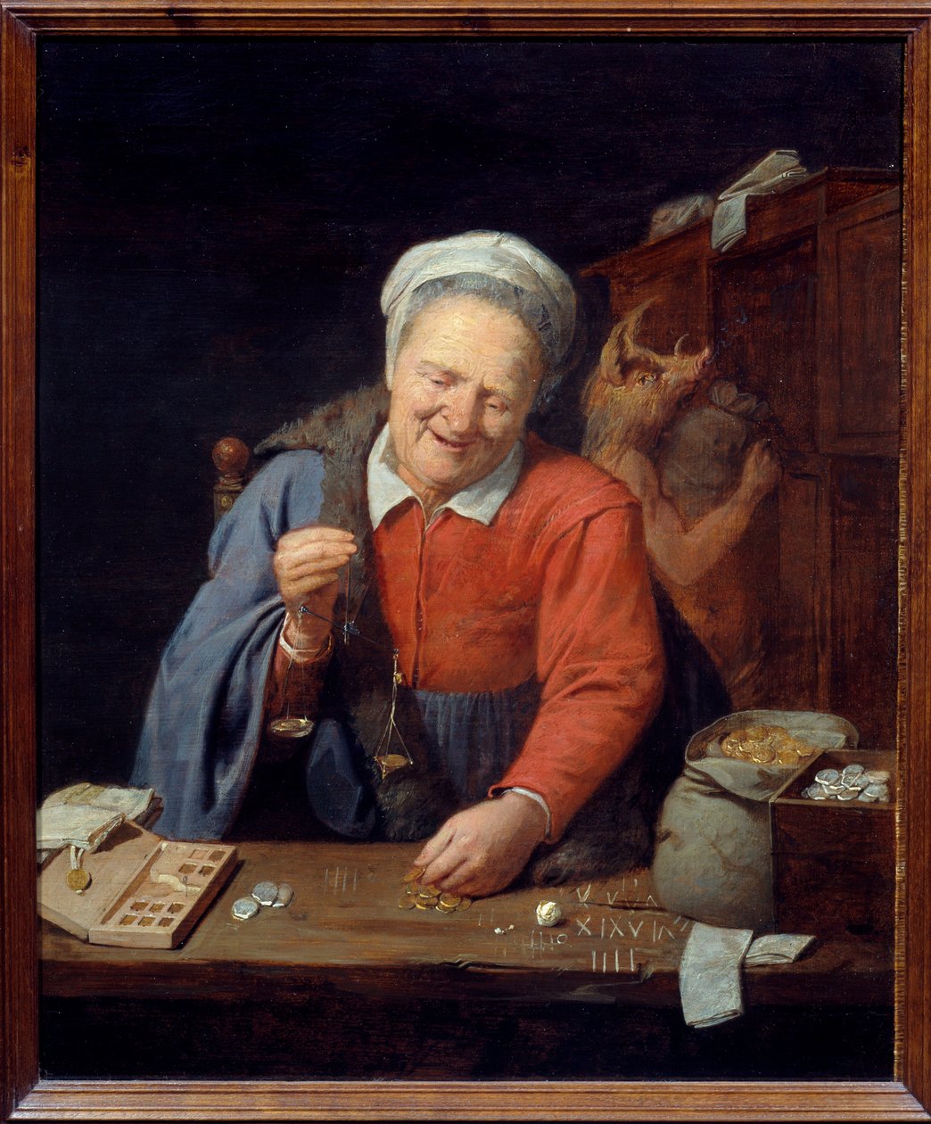 Az arany mérleg. Egy öregasszony kismérleggel méri az aranydarabokat, míg alul egy vaddisznófejű férfi tárolja a táskákat a szekrényben. David III Ryckaert festménye (1612-1661) Ec. Nagyzolás. alkotó: David III Ryckaert