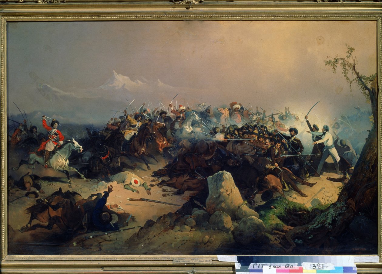 Az orosz lovasság cserkeszeinek támadása 1846. május 24-én (Attack of the Cherkesses on the Russian cavalry on május 24.) alkotó: David Johann Friedrch Koenig