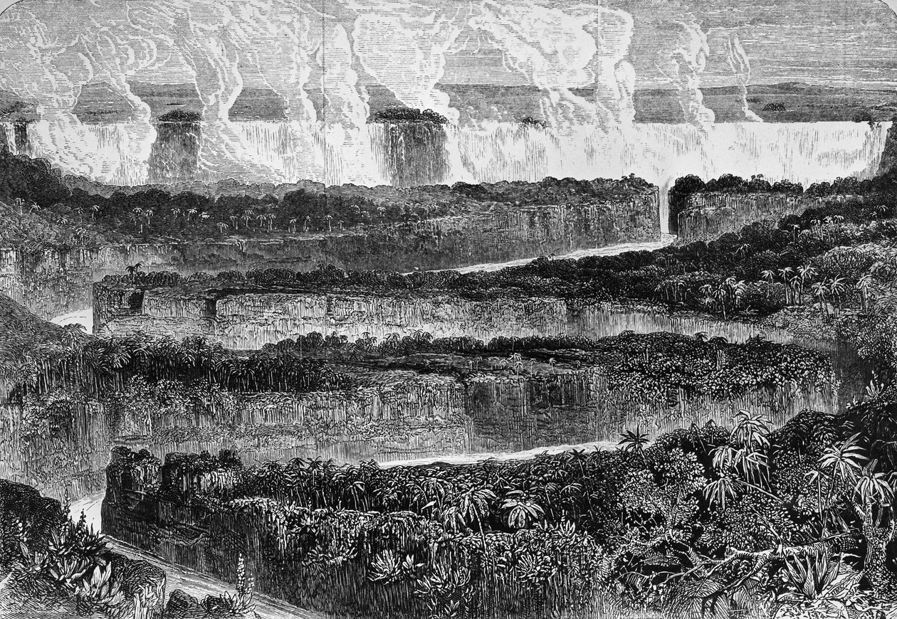 A zambezi Mosi-oa-Tuny vagy Victoria Falls néven ismert nagy szürkehályog képe Zambeziben, metszet a Zambezibe és mellékfolyóiba tartó expedíció narratívájából, David Livingstone (1813-1873) és Charles Livingstone (1821-1873), London alkotó: David Livingstone