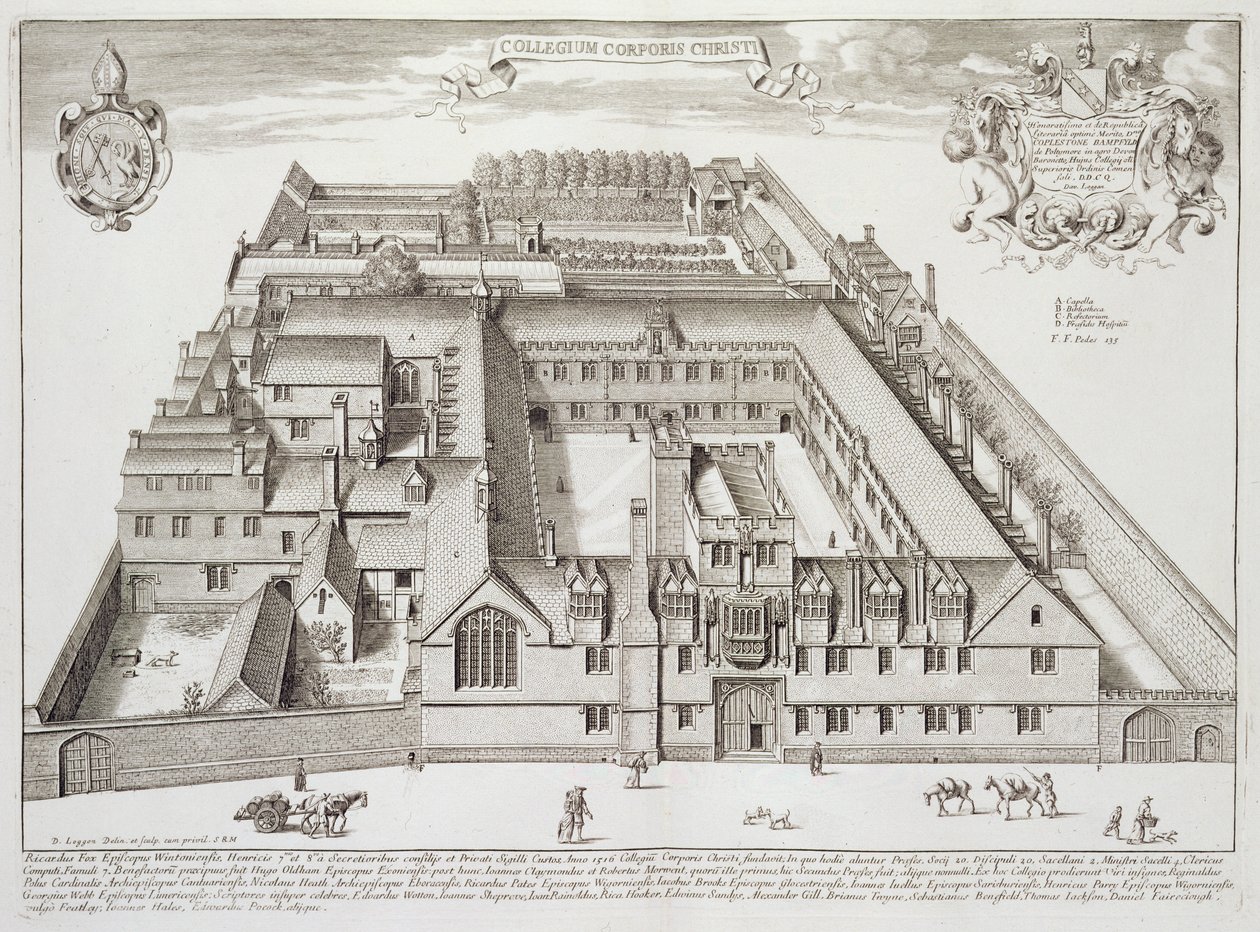 Corpus Christi College, Oxford, az 1675-ben kiadott "Oxonia Illustrated"-ből (metszet). alkotó: David Loggan