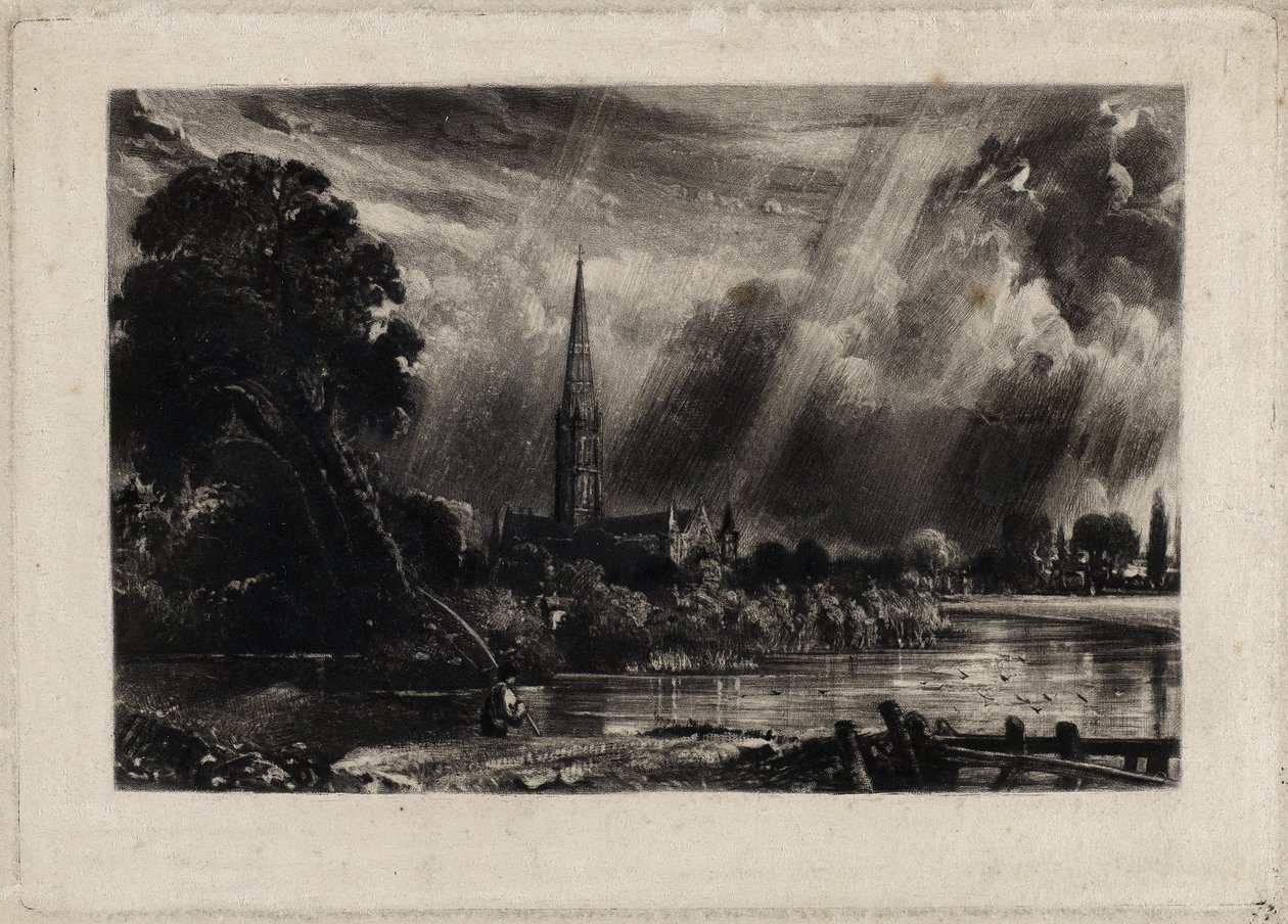 Salisbury-i székesegyház, 1832 körül (mezzotint fehér krétával fektetett papíron) alkotó: David Lucas