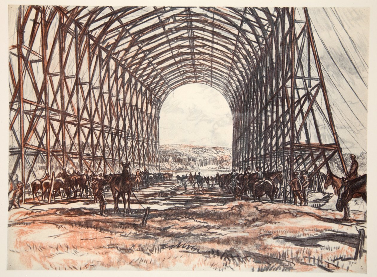 Egy istálló a nyugati fronton, illusztráció a Country Life Ltd. által kiadott "The Western Front" című könyvből. alkotó: David Muirhead Bone