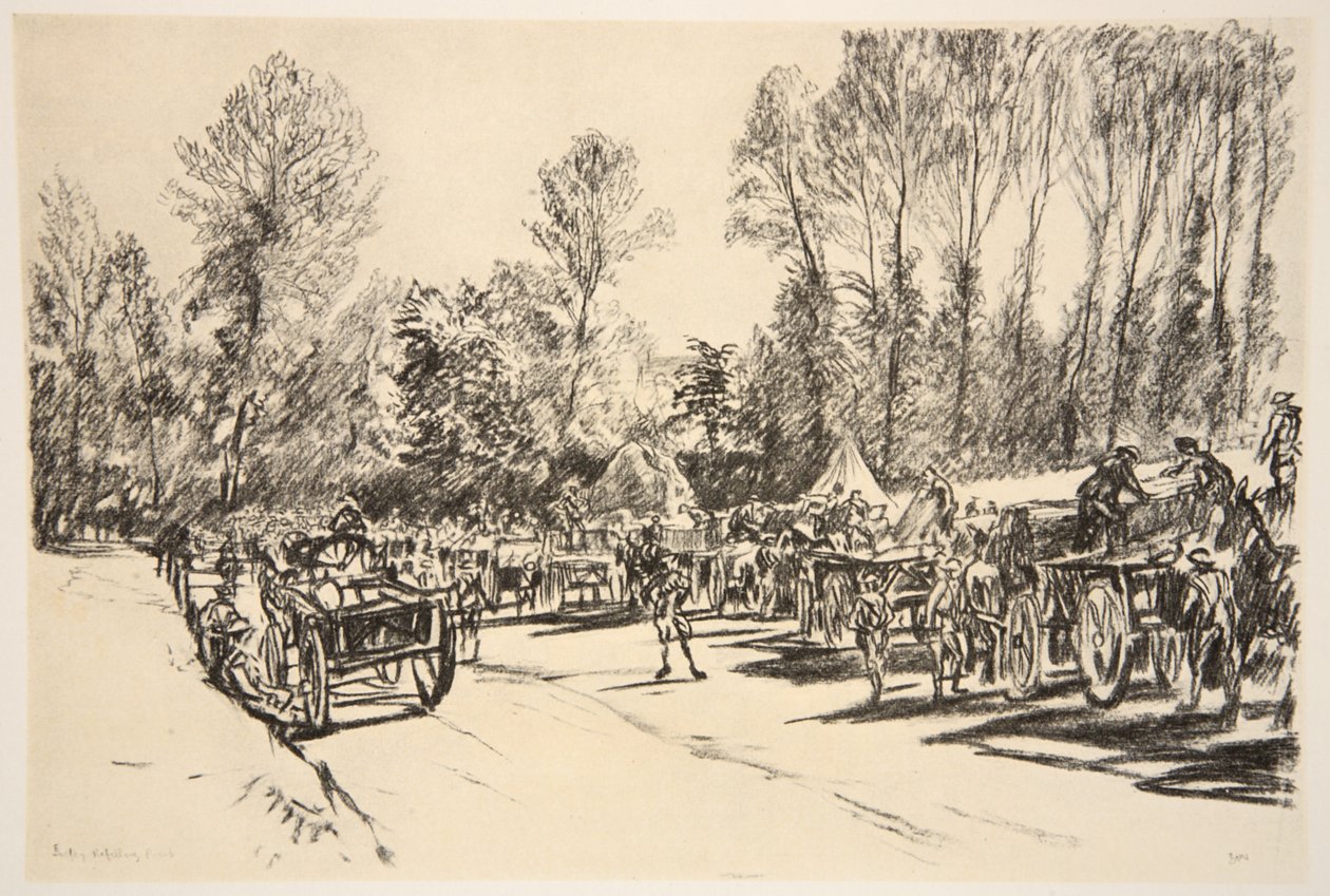 Egy utántöltő pont, illusztráció a Country Life Ltd. által kiadott "The Western Front" című könyvből. alkotó: David Muirhead Bone