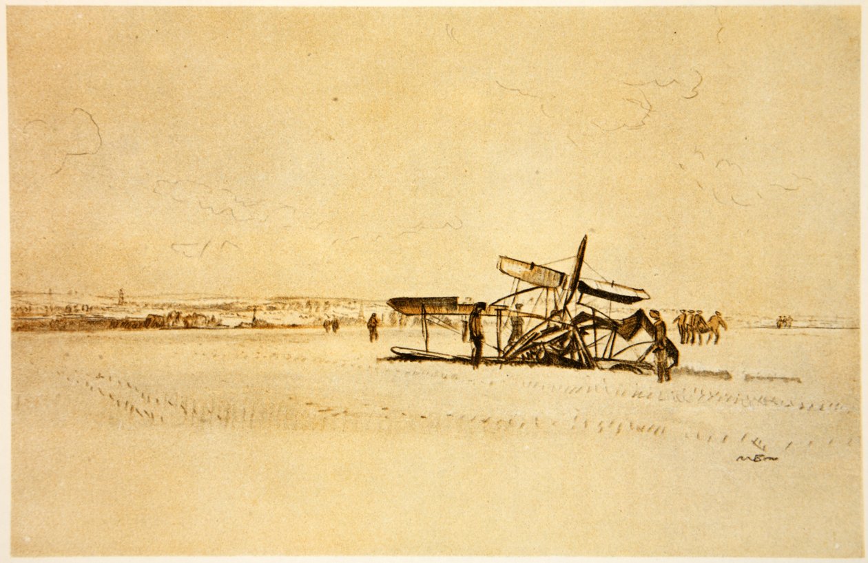 Egy roncsolt repülőgép Albert közelében, illusztráció a Country Life Ltd. által kiadott "The Western Front" című könyvből. alkotó: David Muirhead Bone