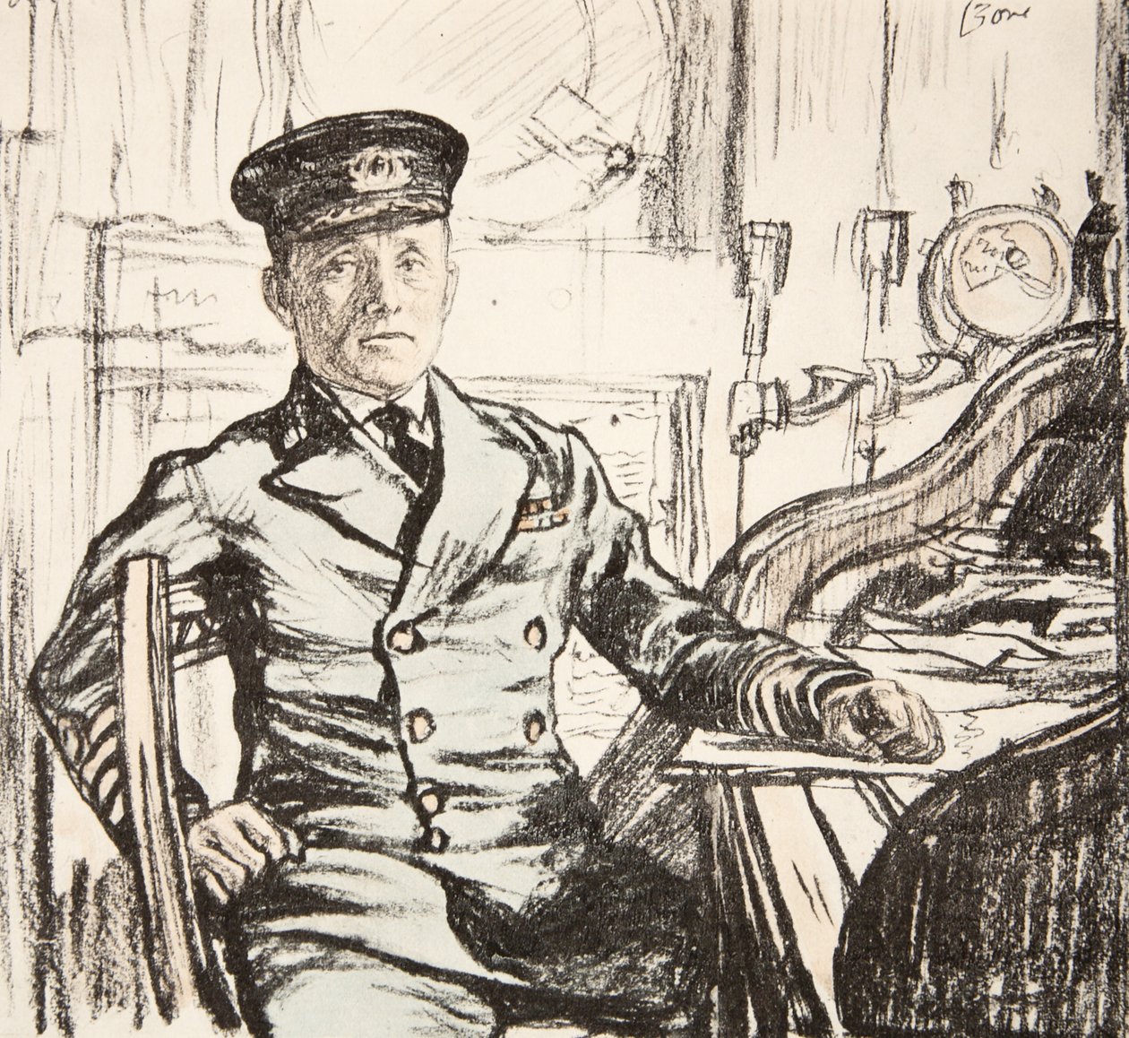 Cyril Fuller kapitány, haditengerészet, illusztráció a Country Life Ltd. által kiadott "The Western Front" című könyvből. alkotó: David Muirhead Bone