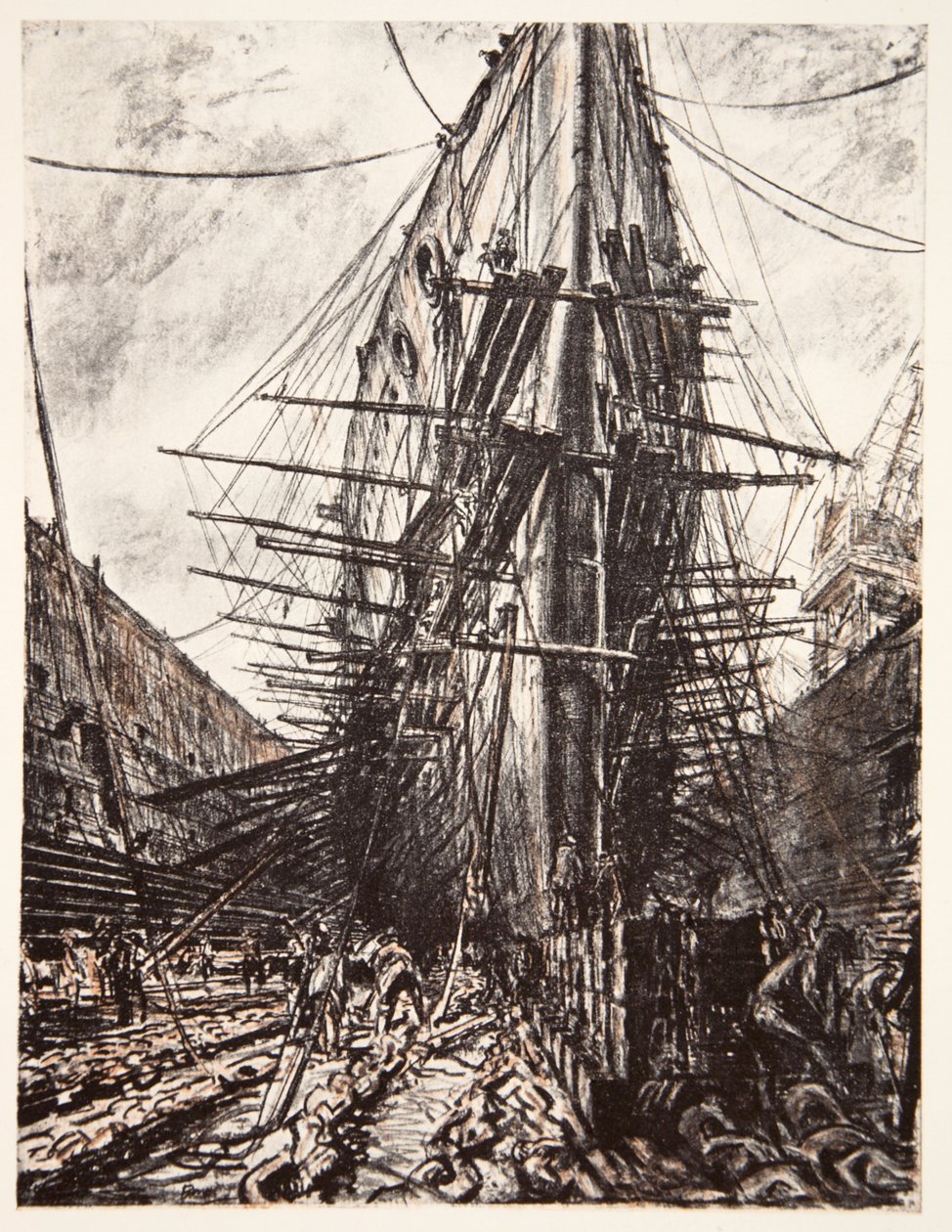 HMS Lion a szárazdokkban, illusztráció a Country Life Ltd. által kiadott "The Western Front" című könyvből. alkotó: David Muirhead Bone