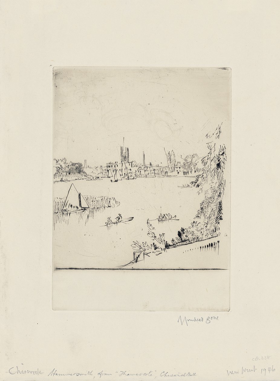 Hammersmith a Thamescote, Chiswick Mall felől alkotó: David Muirhead Bone