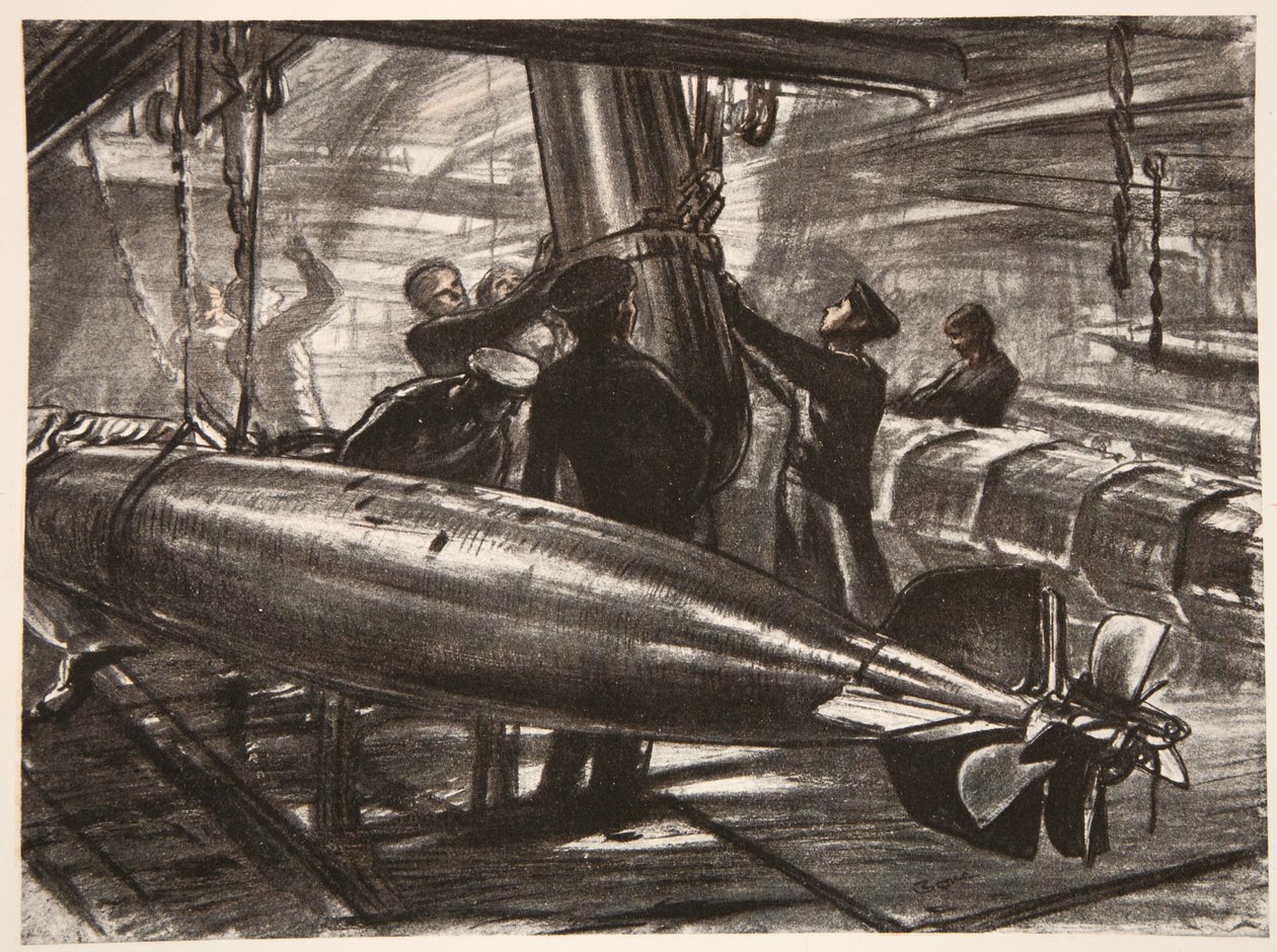 Egy csatahajó elsüllyedt torpedólakásában, illusztráció a Country Life Ltd. által kiadott "The Western Front" című könyvből. alkotó: David Muirhead Bone