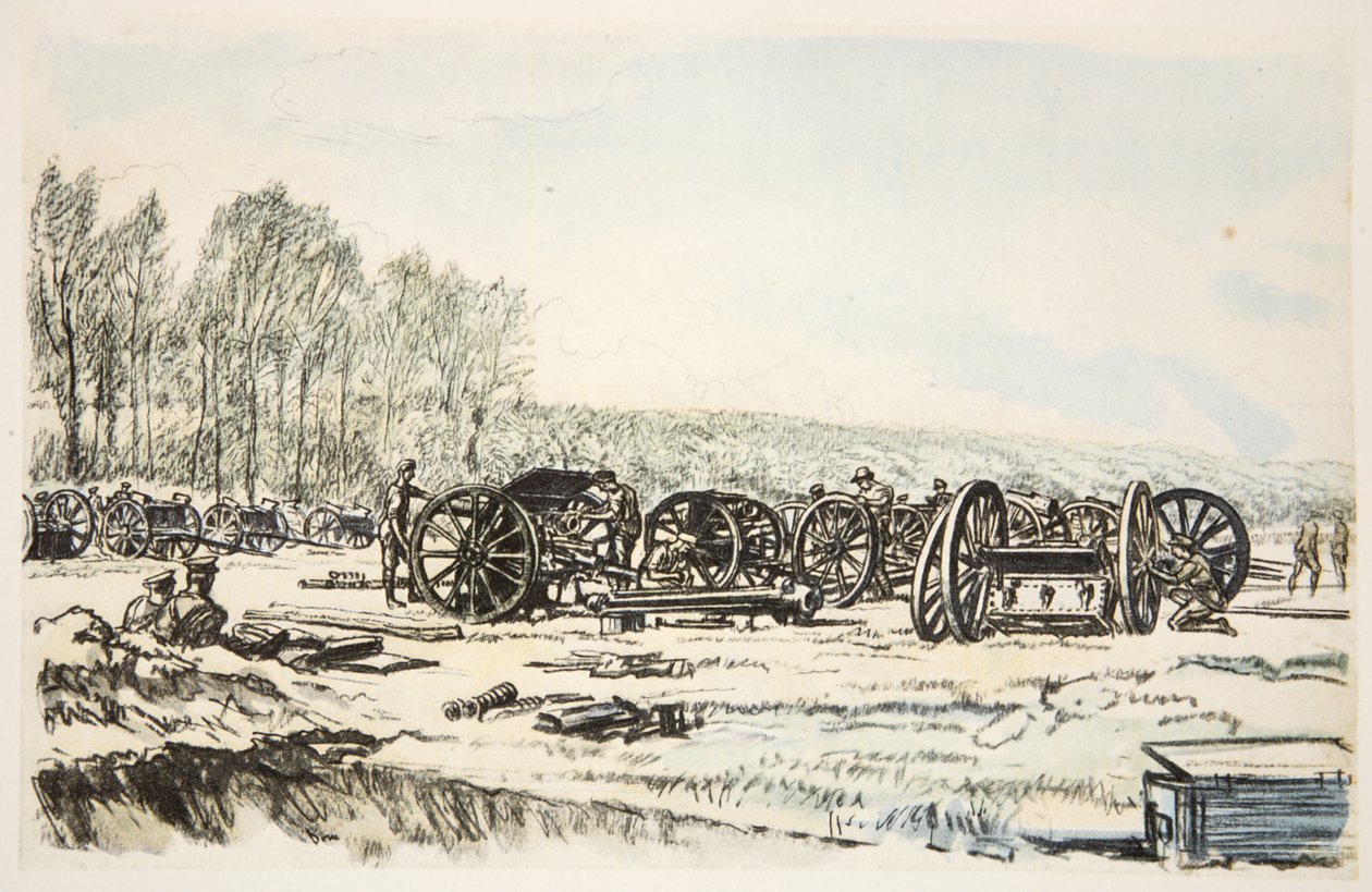 Az RFA katonái tisztítják a fegyvereiket, illusztráció a Country Life Ltd. által kiadott "The Western Front" című könyvből. alkotó: David Muirhead Bone