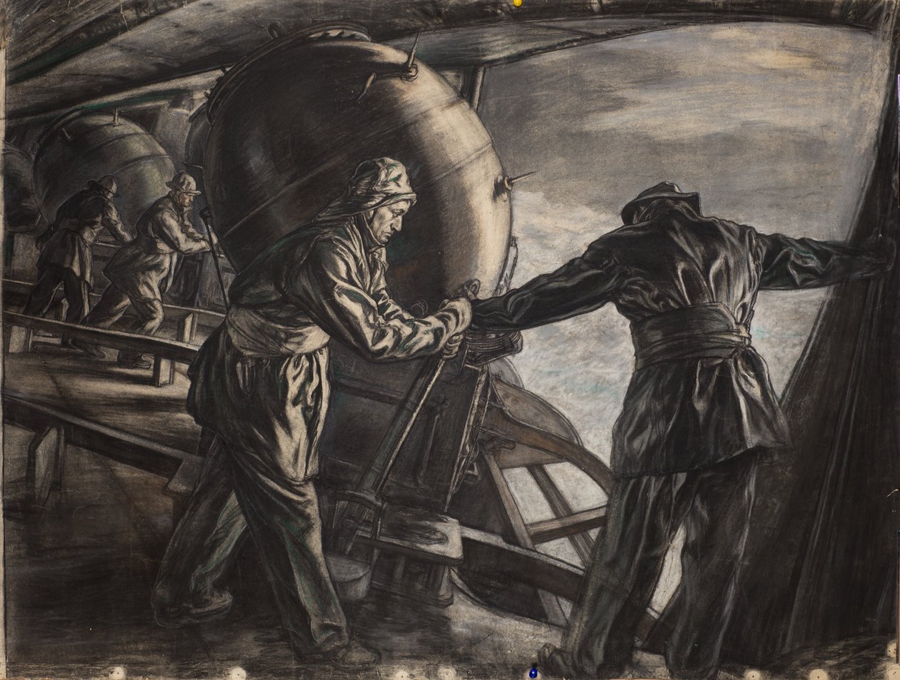 Tanulmány az Izland melletti téli aknafektetéshez, 1942 körül (szén és színes kréta, papír) alkotó: David Muirhead Bone