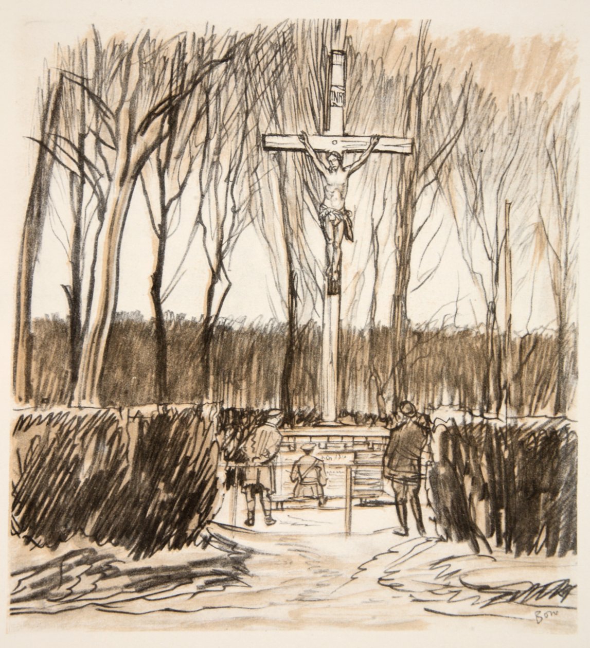 Az emlékmű Agincourt mezején, illusztráció a Country Life Ltd. által kiadott "The Western Front" című könyvből. alkotó: David Muirhead Bone