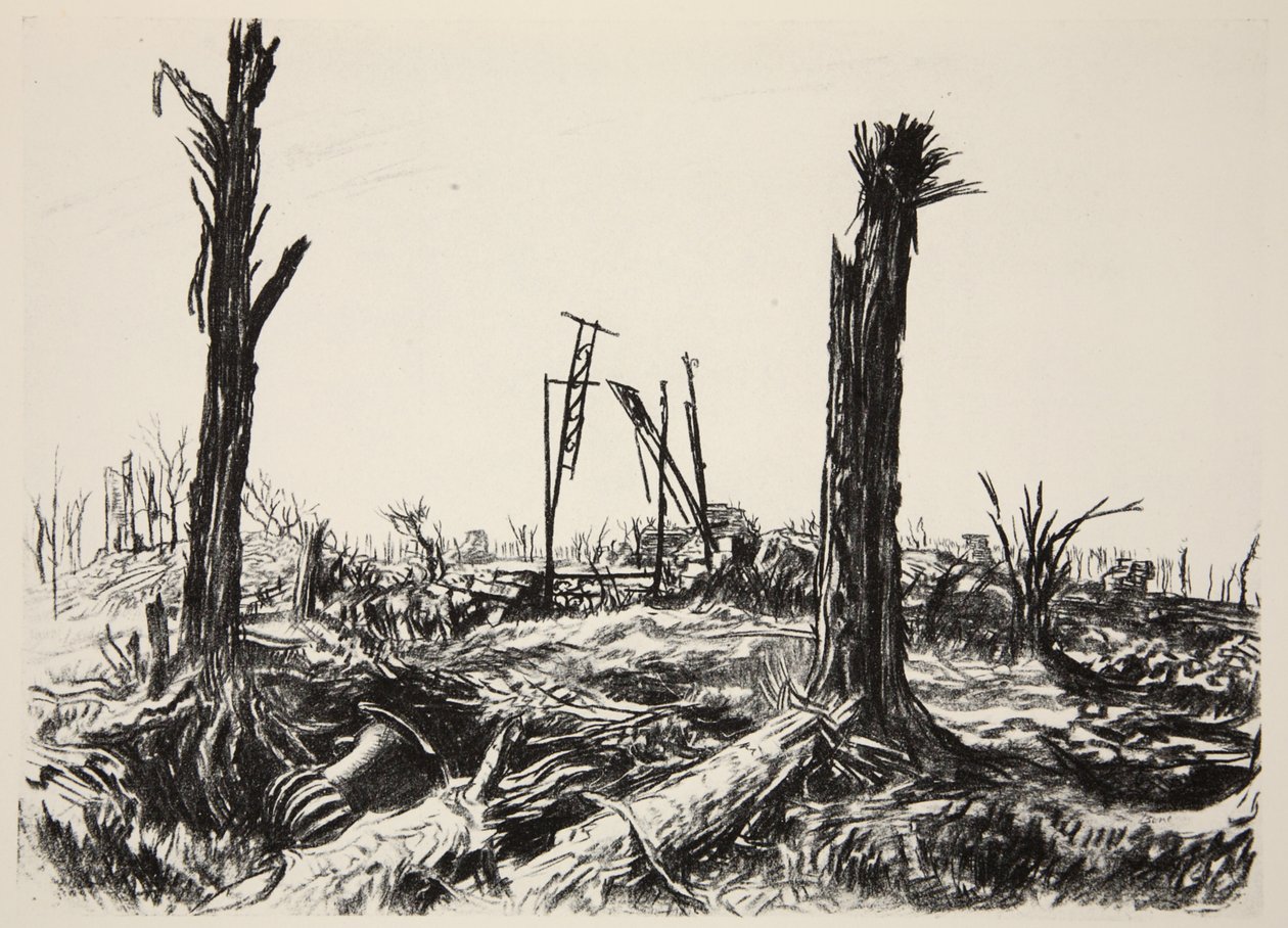A Deniecourt kastély narancsháza, illusztráció a Country Life Ltd. által kiadott "The Western Front" című könyvből. alkotó: David Muirhead Bone