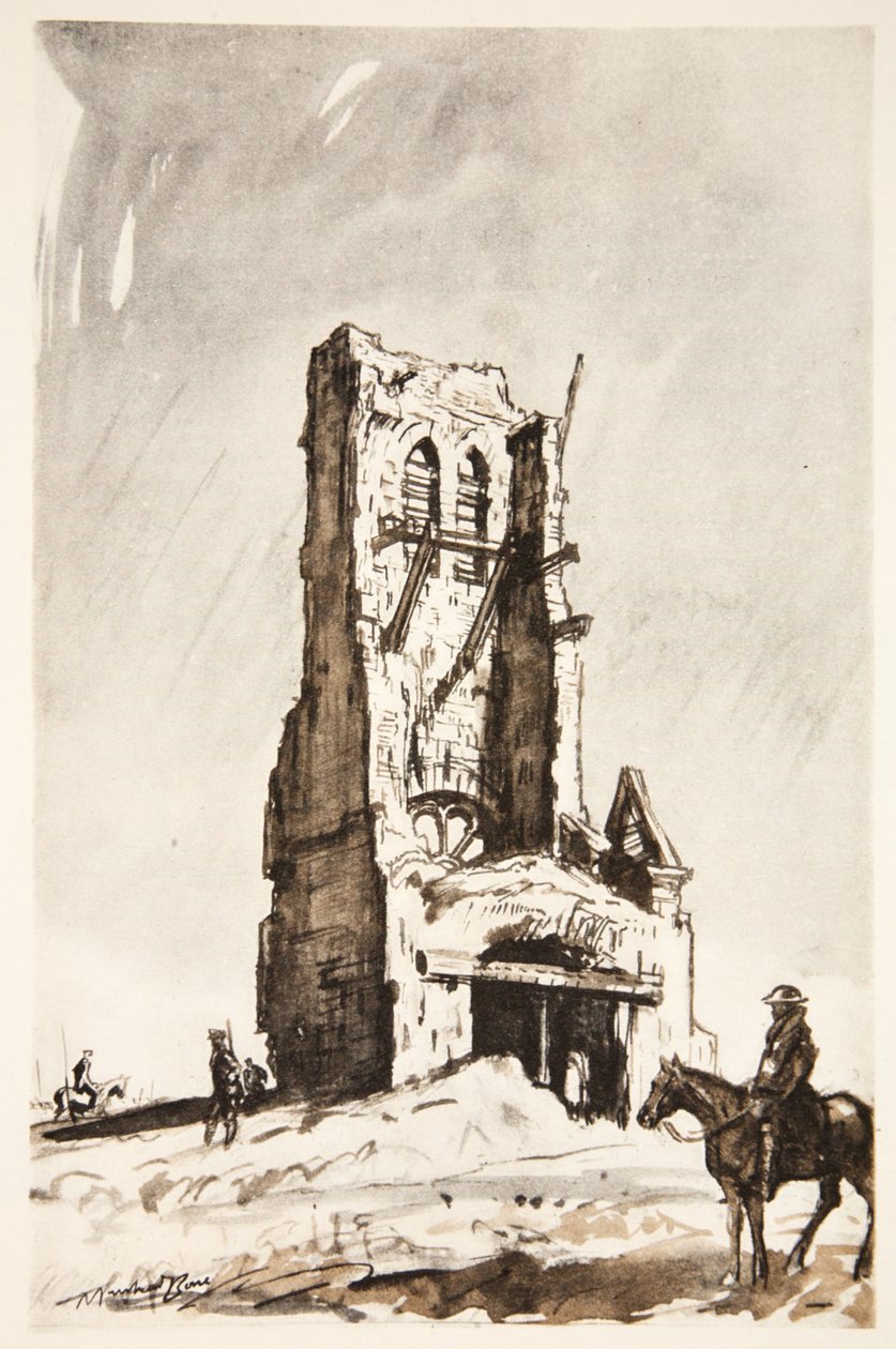 Becordel Becourt romos tornya, illusztráció a Country Life Ltd. által kiadott "The Western Front" című könyvből. alkotó: David Muirhead Bone